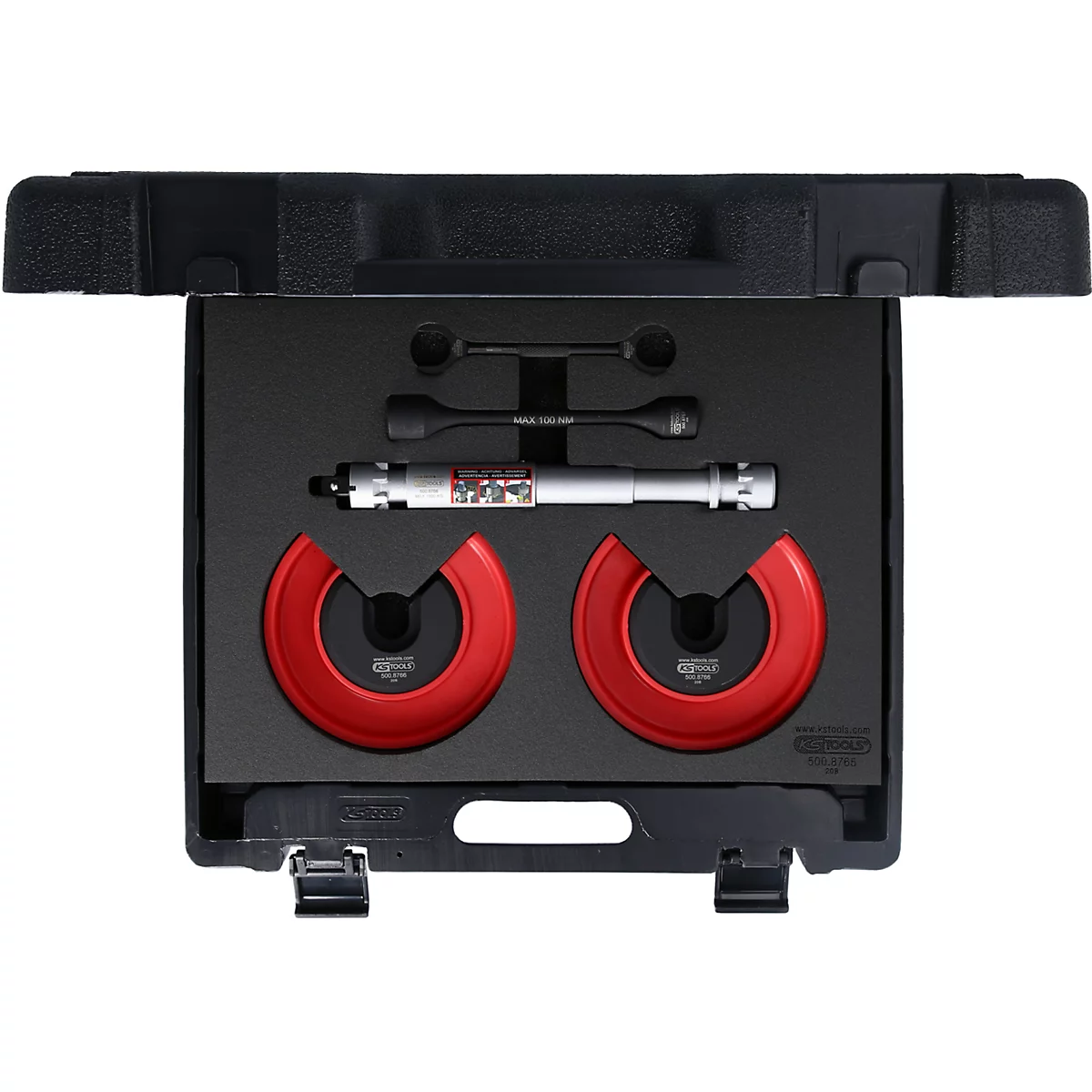 Werkzeugkoffer mit Messgeräten: Zwei rote Halbkreise, ein langes silbernes Messgerät, sowie weitere Werkzeuge in schwarzem Schaumstoff.